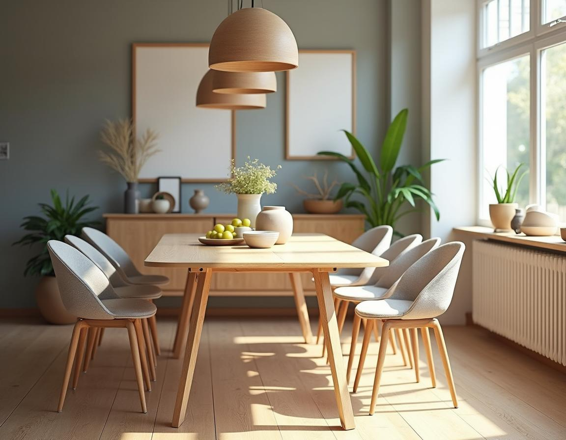 Moderner skandinavischer Esstisch aus hellem Holz mit sechs stilvollen Stühlen in einem lichtdurchfluteten Esszimmer. Minimalistische Dekoration mit natürlichen Elementen wie Pflanzen, Keramik und Holzaccessoires schaffen eine warme Atmosphäre.