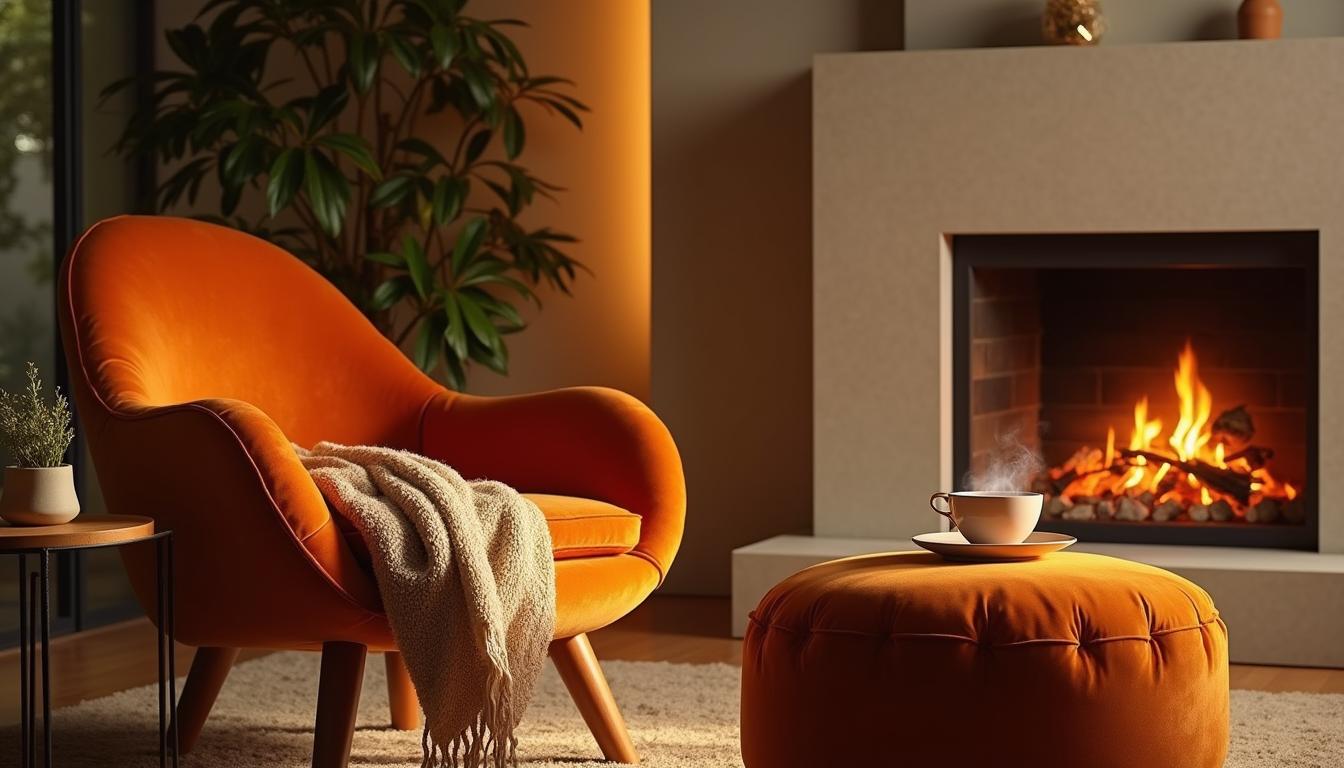 Gemütlicher orangefarbener Sessel mit Holzbeinen, dekoriert mit einer weichen Decke, neben einem runden Hocker vor einem knisternden Kamin in einer stilvollen Wohnzimmerecke.
