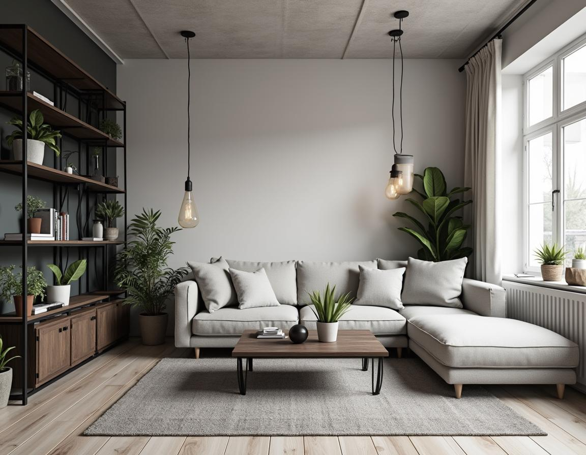 Modernes Wohnzimmer im Skandi-Industrial Stil mit grauem Ecksofa, Holztisch mit Metallbeinen, Regal aus Holz & Metall sowie Pendelleuchten im Vintage-Look.