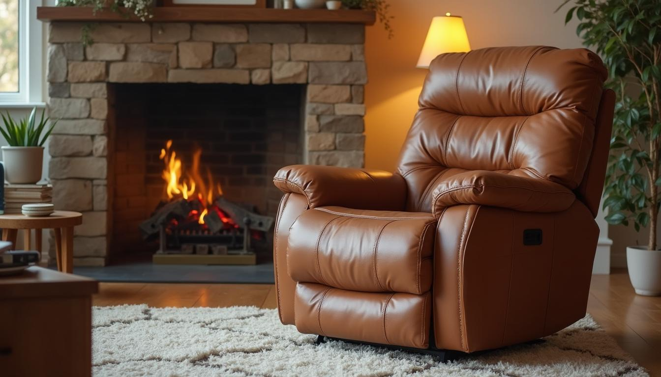 Brauner Leder-Relaxsessel mit gepolsterter Rückenlehne und breiten Armlehnen in einem gemütlichen Wohnzimmer, mit Teppich und Kamin im Hintergrund.