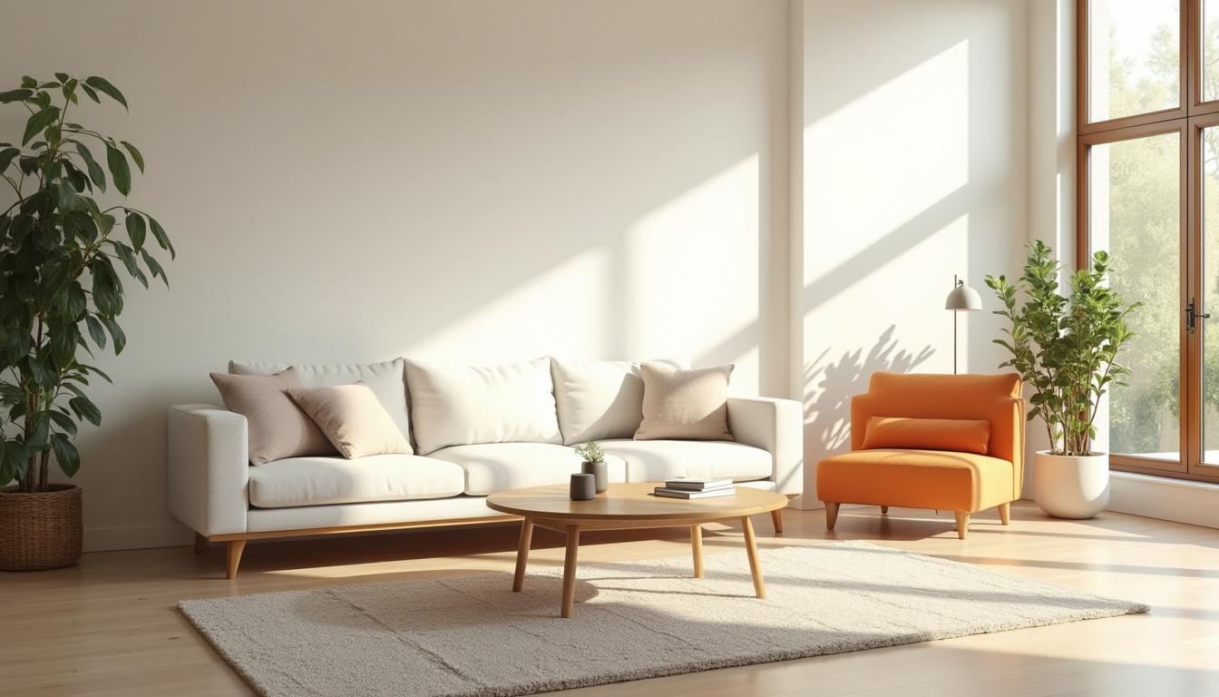 Minimalistisches Wohnzimmer mit schlichten Möbeln, modernem Sofa und natürlichem Licht – die perfekte Einrichtung für einen aufgeräumten und stilvollen Wohnraum.