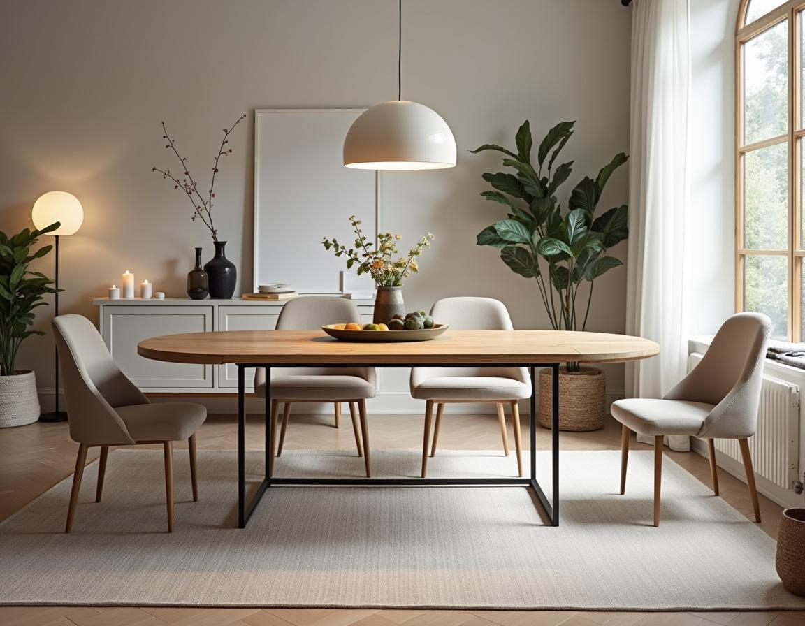Eleganter ovaler Esstisch aus Eichenholz mit modernem Metallgestell in stilvoll eingerichtetem Essbereich. Perfekt für gesellige Runden und modernes Wohndesign.