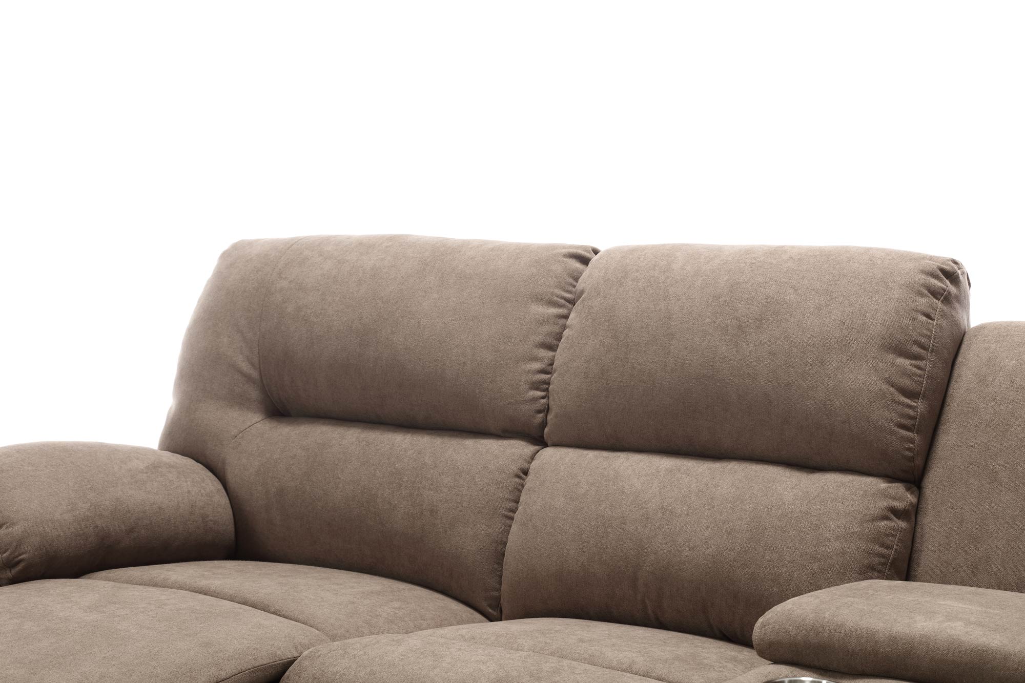 Moderne Ecksofa mit Chaiselongue Farben: Braun, Grau und Hell-Grau Funktionen: Relax- und Liegefunktion Material: Komfortabler Stoffbezug