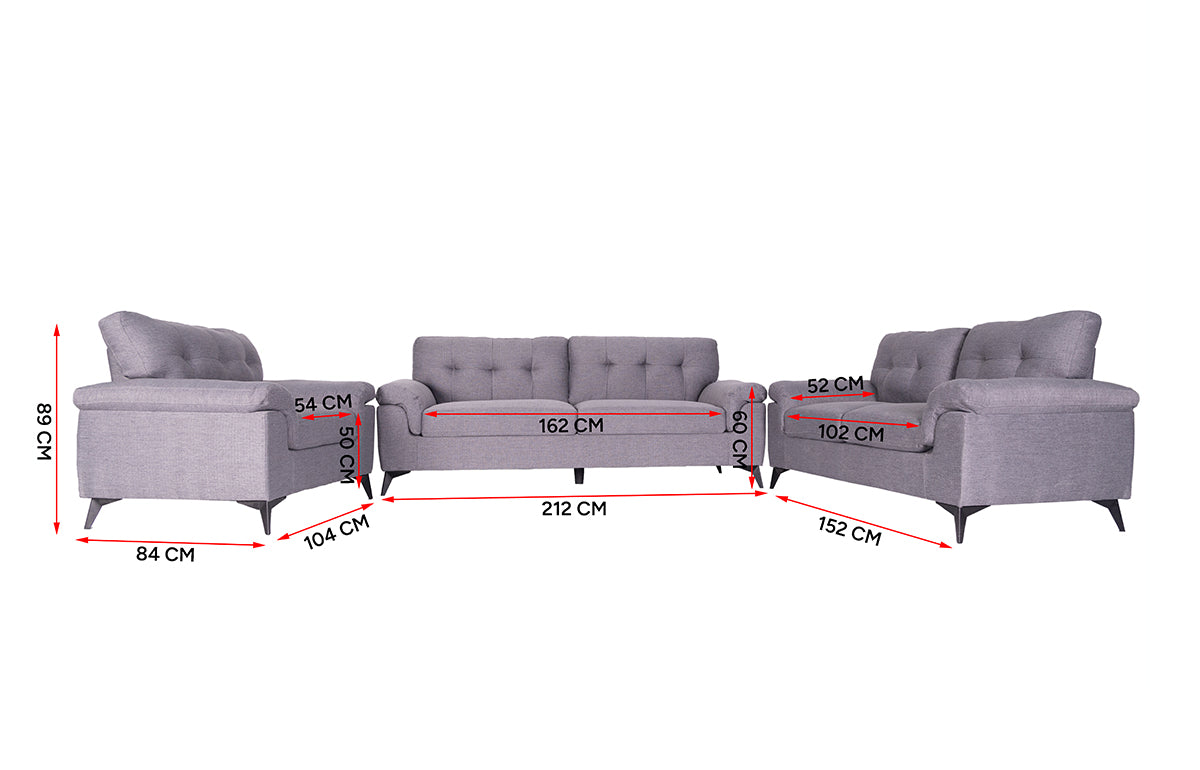 Modernes 3er-Sofa-Set in Grau aus Weichem Stoff | Steppung und Konische Beine - Möbelmeister M&M