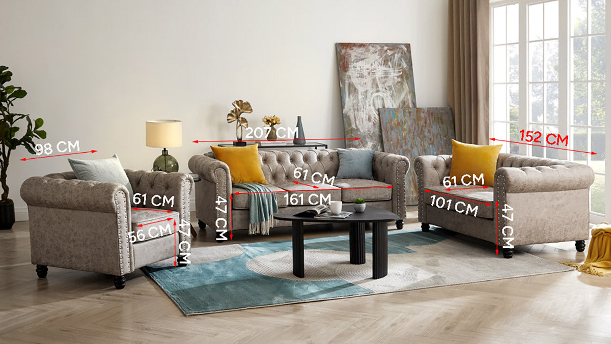 3-teiliges Sofa-Set für 6 Personen mit Kunstlederbezug in Hellgrau, Braun und Grau