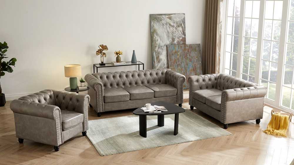 Sofa Set Leder Chesterfield 3 teilig in Hell-Grau - Möbelmeister M&M