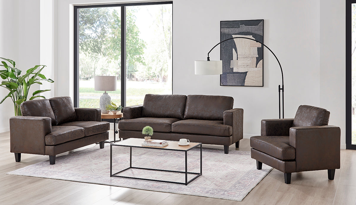 Luxuriöses 3-teiliges 6-Sitzer Sofa-Set in dunkelbraunem Braun und Beige mit Kunstleder: Sofa, Loveseat und Sessel im modernen Design.