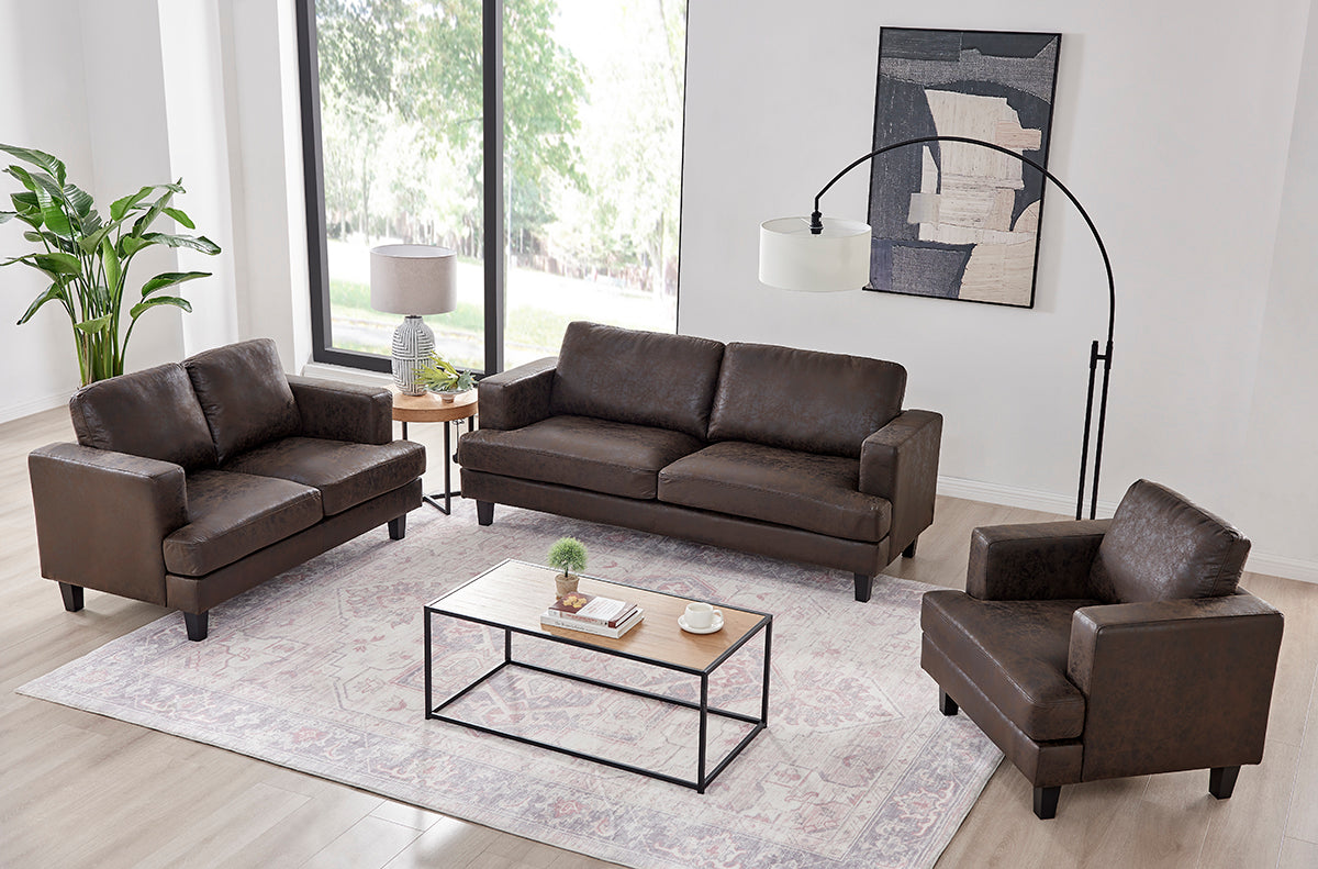 Luxuriöses 3-teiliges 6-Sitzer Sofa-Set in dunkelbraunem Braun und Beige mit Kunstleder: Sofa, Loveseat und Sessel im modernen Design.