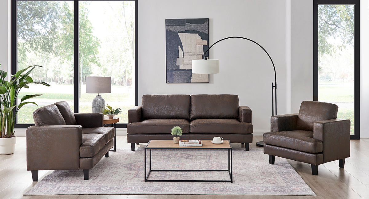 Luxuriöses 3-teiliges 6-Sitzer Sofa-Set in dunkelbraunem Braun und Beige mit Kunstleder: Sofa, Loveseat und Sessel im modernen Design.