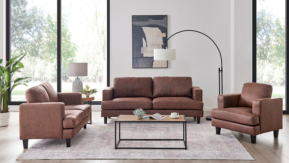 Luxuriöses 3-teiliges 6-Sitzer Sofa-Set in dunkelbraunem Braun und Beige mit Kunstleder: Sofa, Loveseat und Sessel im modernen Design.