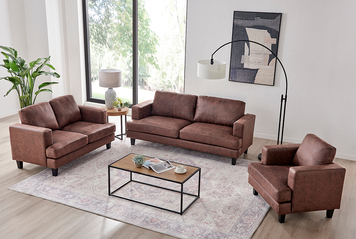 Luxuriöses 3-teiliges 6-Sitzer Sofa-Set in dunkelbraunem Braun und Beige mit Kunstleder: Sofa, Loveseat und Sessel im modernen Design.