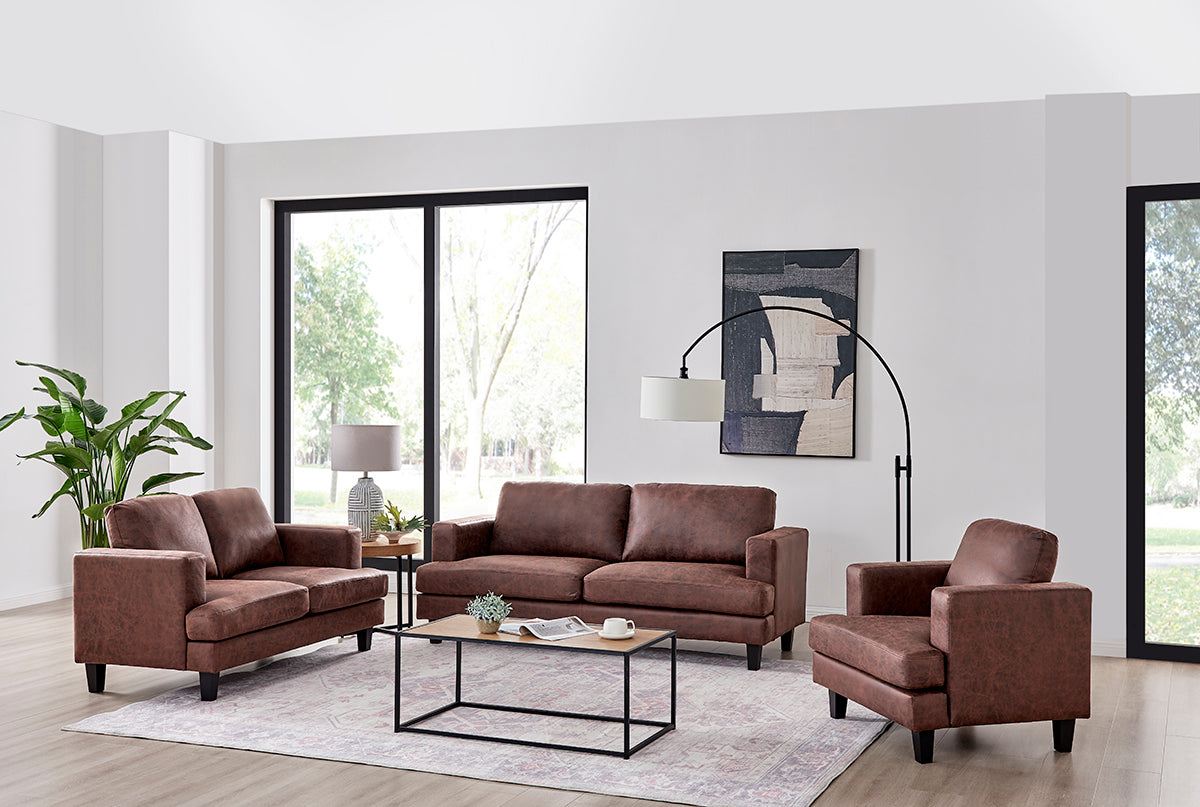 Luxuriöses 3-teiliges 6-Sitzer Sofa-Set in dunkelbraunem Braun und Beige mit Kunstleder: Sofa, Loveseat und Sessel im modernen Design.