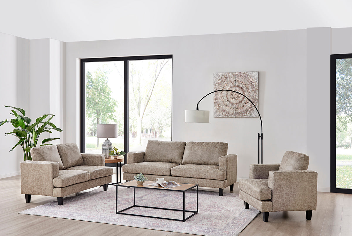 Luxuriöses 3-teiliges 6-Sitzer Sofa-Set in dunkelbraunem Braun und Beige mit Kunstleder: Sofa, Loveseat und Sessel im modernen Design.