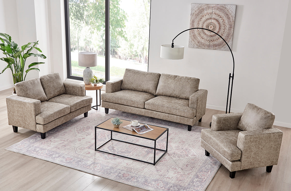 Luxuriöses 3-teiliges 6-Sitzer Sofa-Set in dunkelbraunem Braun und Beige mit Kunstleder: Sofa, Loveseat und Sessel im modernen Design.