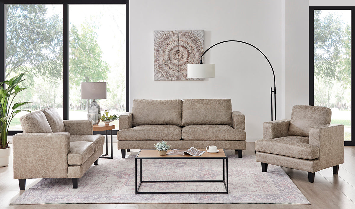 Luxuriöses 3-teiliges 6-Sitzer Sofa-Set in dunkelbraunem Braun und Beige mit Kunstleder: Sofa, Loveseat und Sessel im modernen Design.