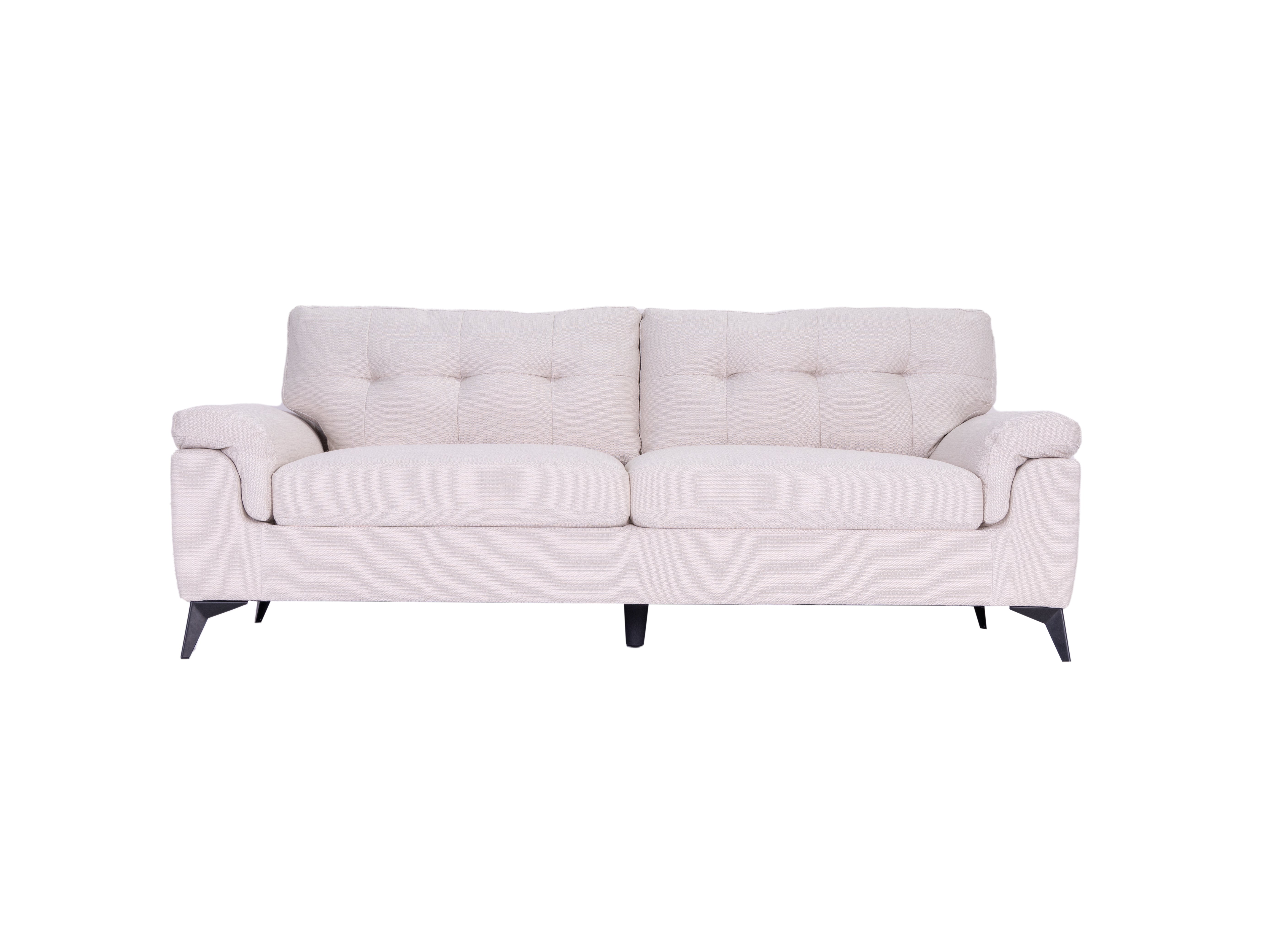 Modernes 3er-Sofa-Set in Grau und Weiß aus weichem Stoff mit Steppung und konischen Beinen, erhältlich als 3-Teiler und 6-Sitzer.”