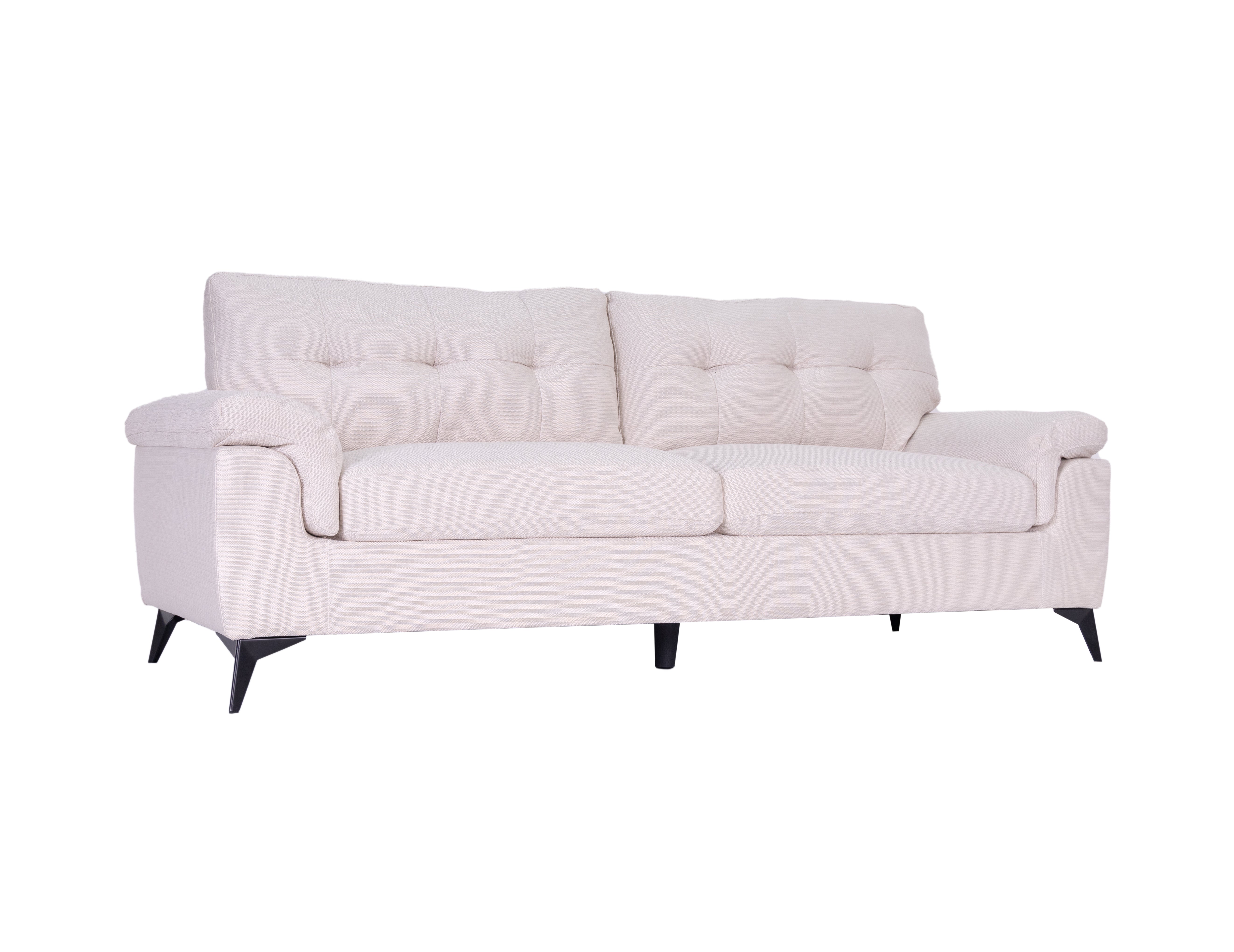 Modernes 3er-Sofa-Set in Grau und Weiß aus weichem Stoff mit Steppung und konischen Beinen, erhältlich als 3-Teiler und 6-Sitzer.”