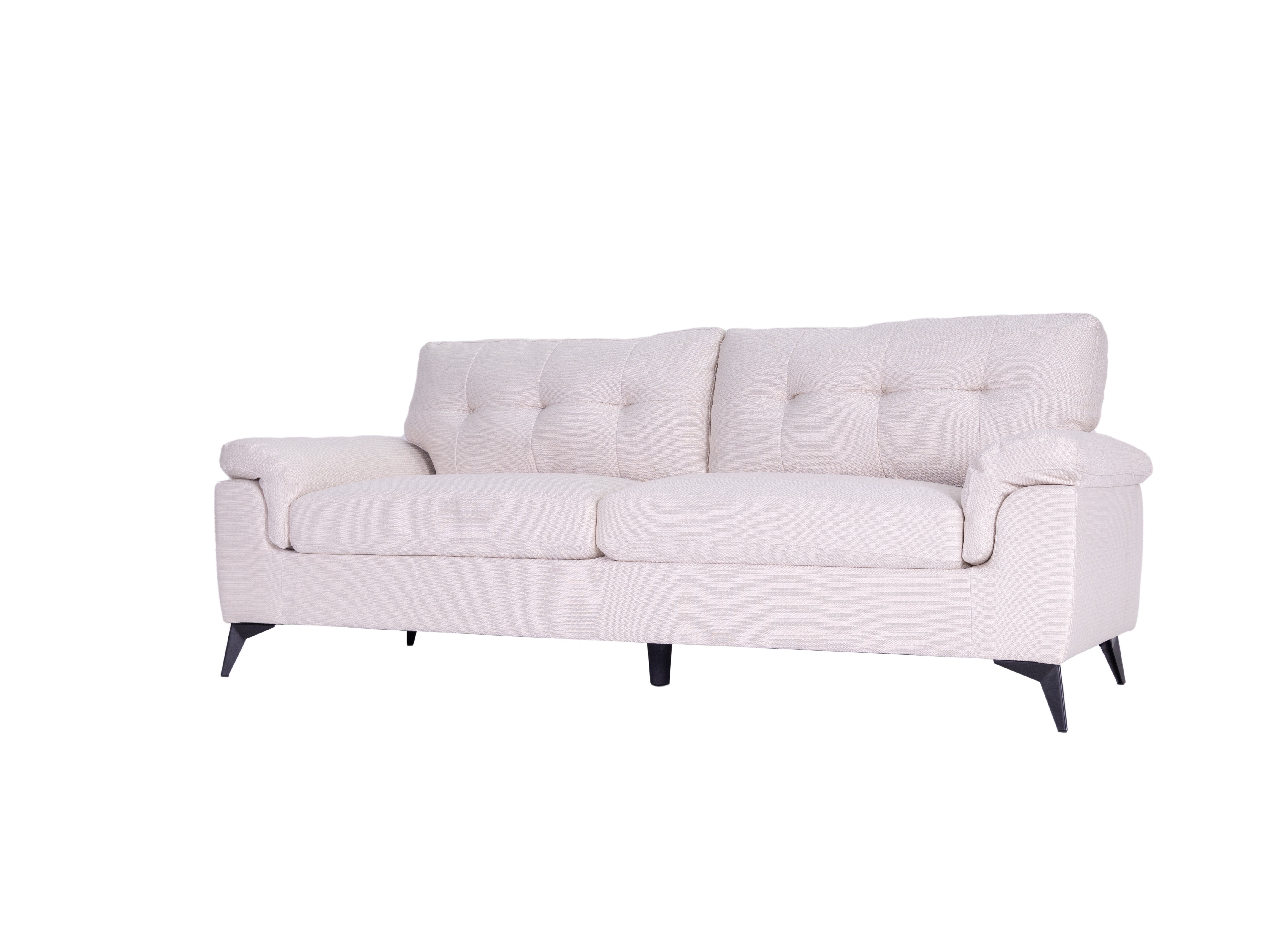 Modernes 3er-Sofa-Set in Grau und Weiß aus weichem Stoff mit Steppung und konischen Beinen, erhältlich als 3-Teiler und 6-Sitzer.”