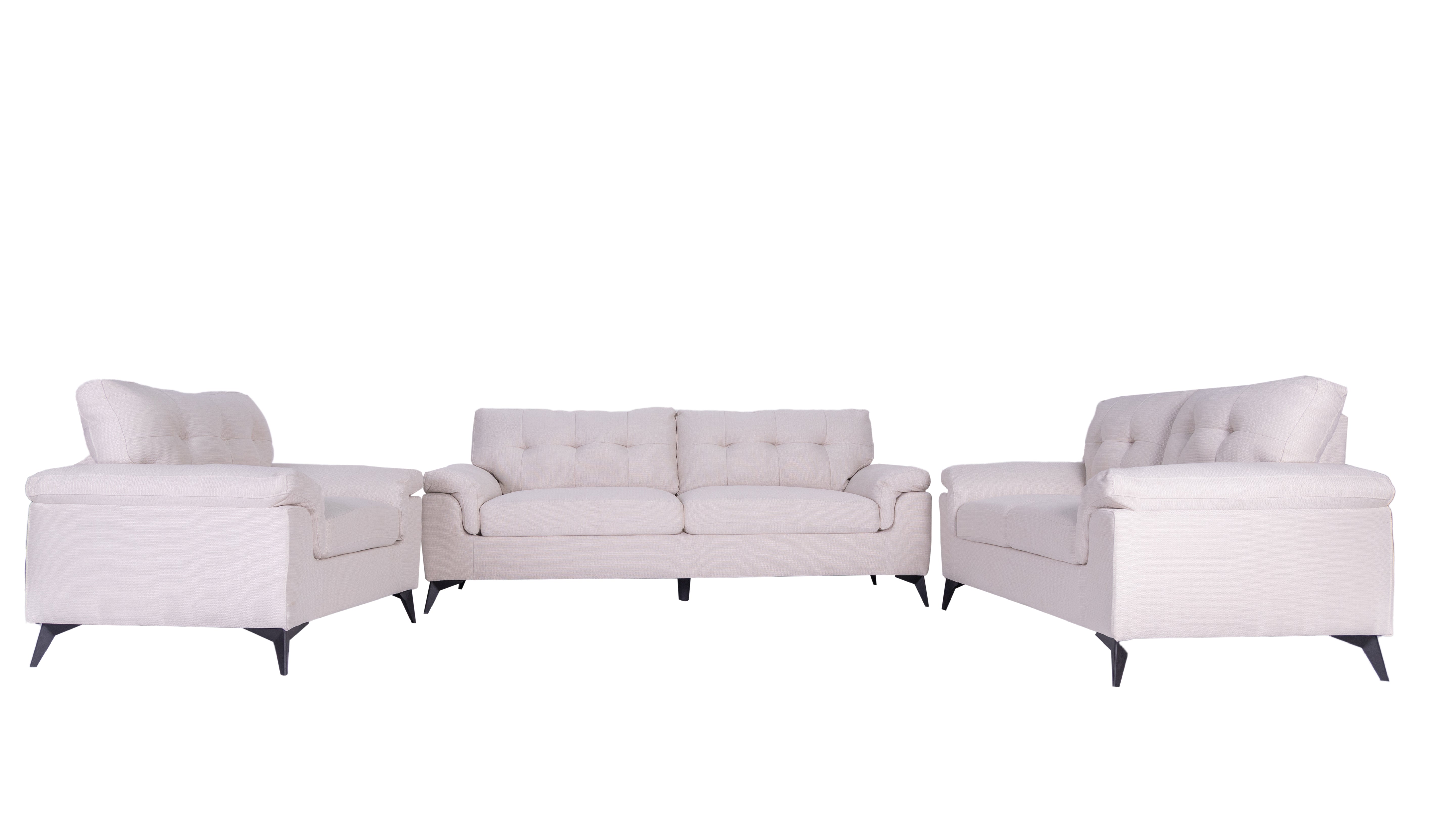 Modernes 3er-Sofa-Set in Grau und Weiß aus weichem Stoff mit Steppung und konischen Beinen, erhältlich als 3-Teiler und 6-Sitzer.”