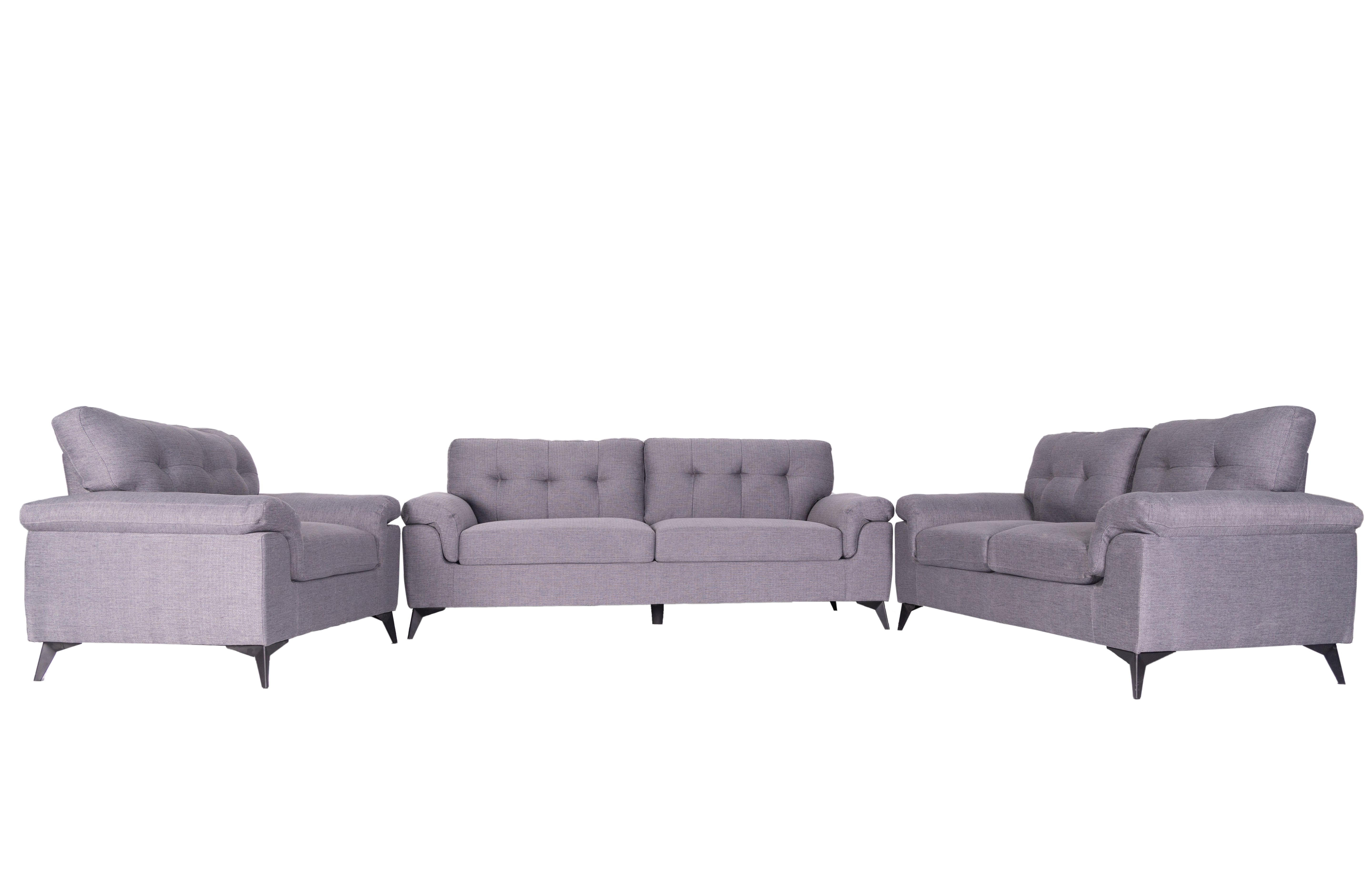 Modernes 3er-Sofa-Set in Grau und Weiß aus weichem Stoff mit Steppung und konischen Beinen, erhältlich als 3-Teiler und 6-Sitzer.”