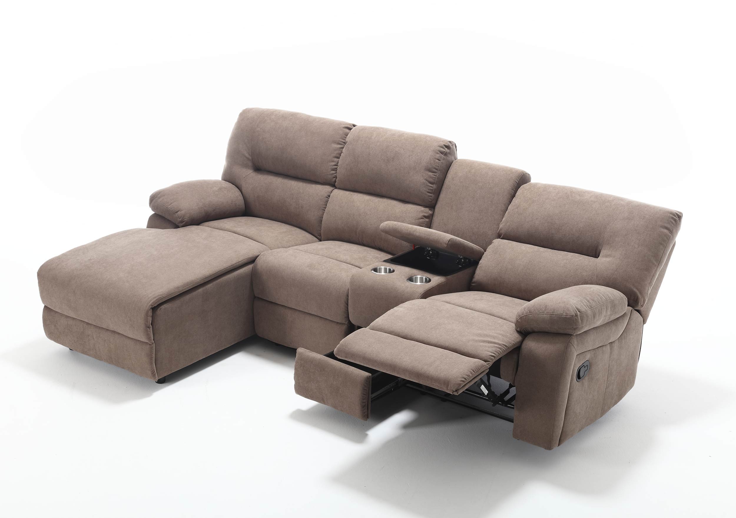 Moderne Ecksofa mit Chaiselongue Farben: Braun, Grau und Hell-Grau Funktionen: Relax- und Liegefunktion Material: Komfortabler Stoffbezug