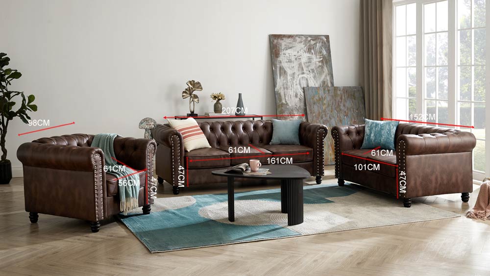 3-teiliges Sofa-Set für 6 Personen mit Kunstlederbezug in Hellgrau, Braun und Grau