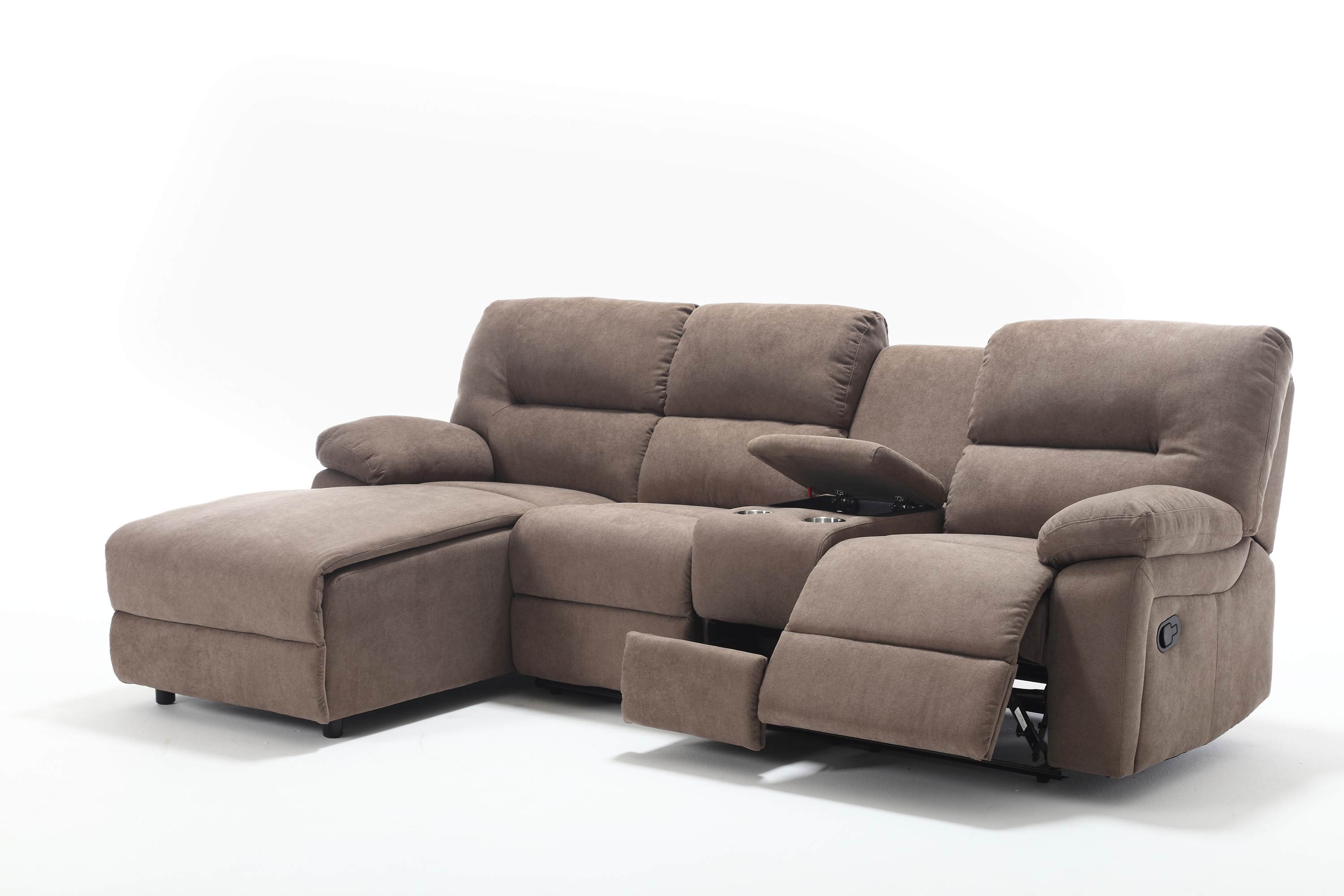 Moderne Ecksofa mit Chaiselongue Farben: Braun, Grau und Hell-Grau Funktionen: Relax- und Liegefunktion Material: Komfortabler Stoffbezug