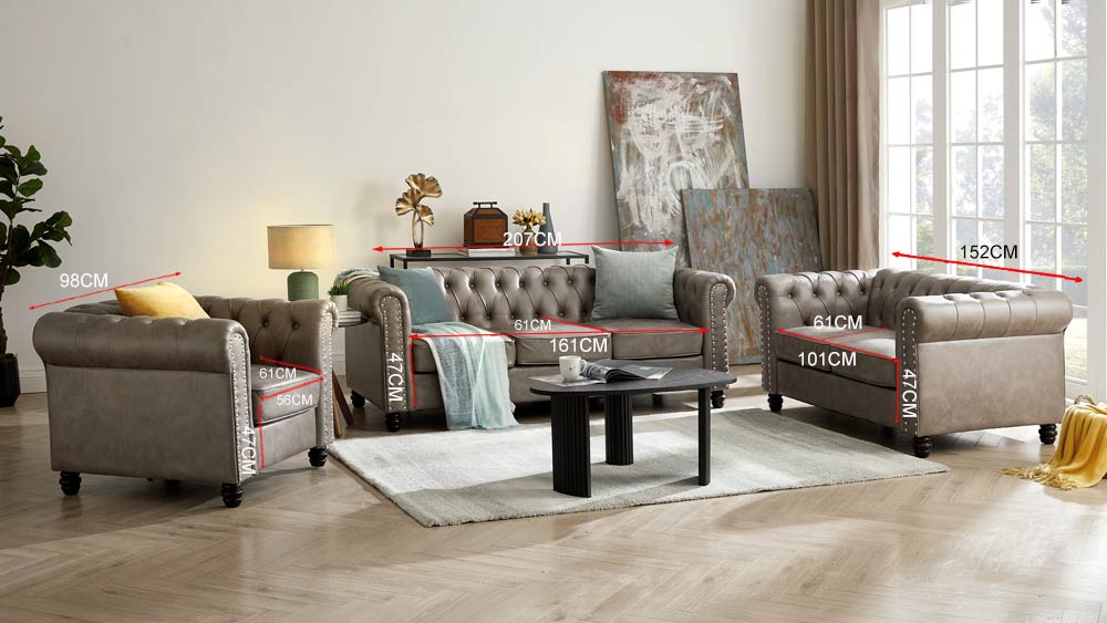 3-teiliges Sofa-Set für 6 Personen mit Kunstlederbezug in Hellgrau, Braun und Grau