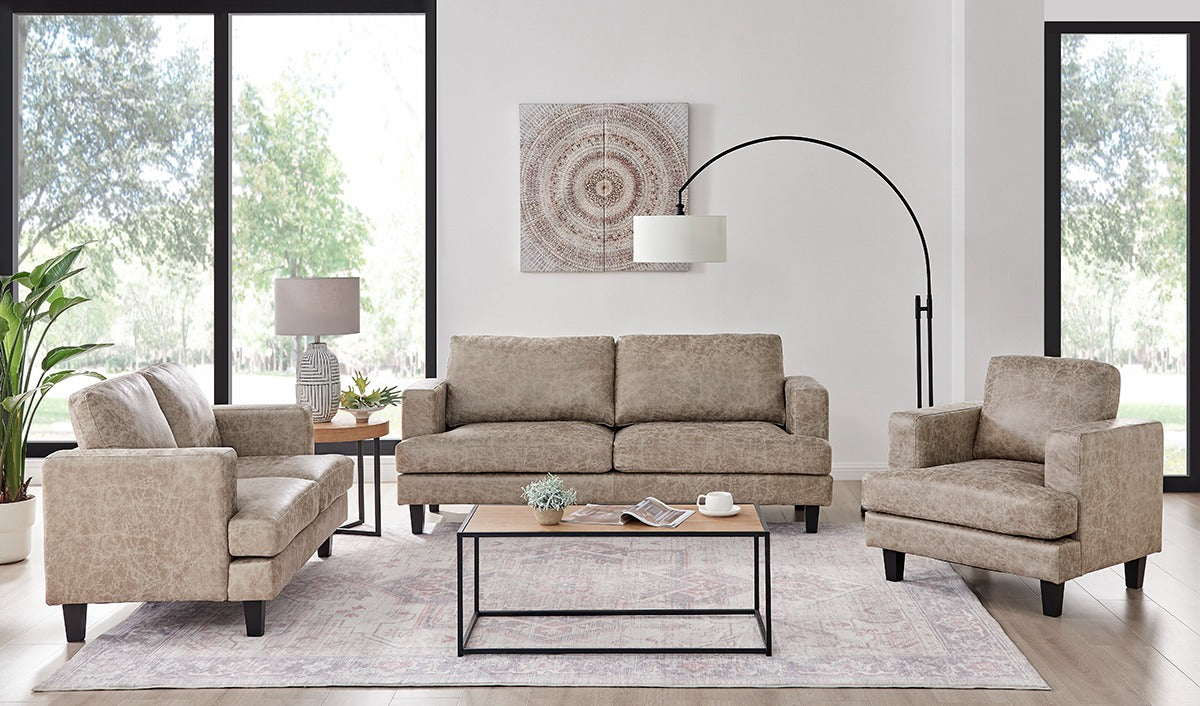 Exklusives 3-teiliges Ledersofa Set im Mid-Century Modern Design – Sofa, Loveseat und Sessel in Hellbraun - Möbelmeister M&M