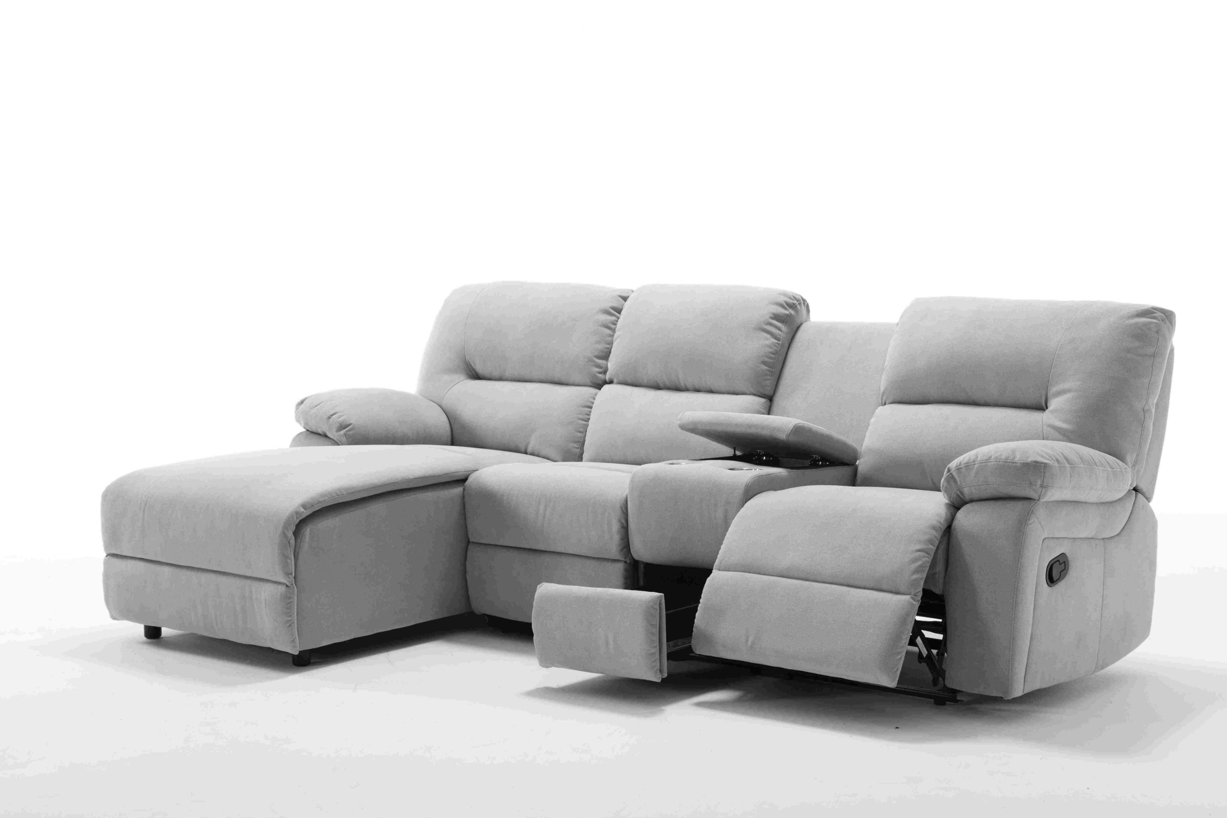 Moderne Ecksofa mit Chaiselongue Farben: Braun, Grau und Hell-Grau Funktionen: Relax- und Liegefunktion Material: Komfortabler Stoffbezug