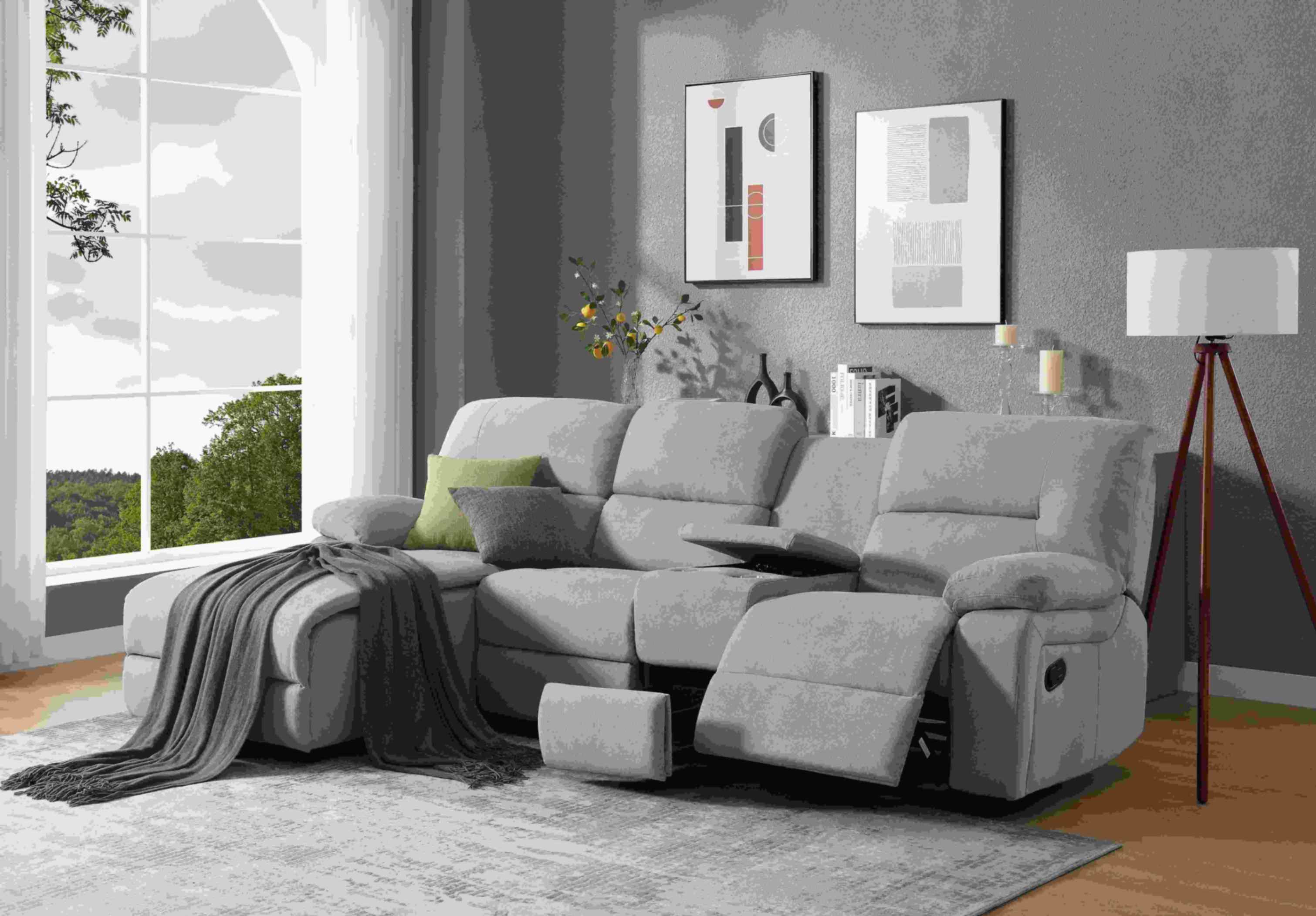 Moderne Ecksofa mit Chaiselongue Farben: Braun, Grau und Hell-Grau Funktionen: Relax- und Liegefunktion Material: Komfortabler Stoffbezug